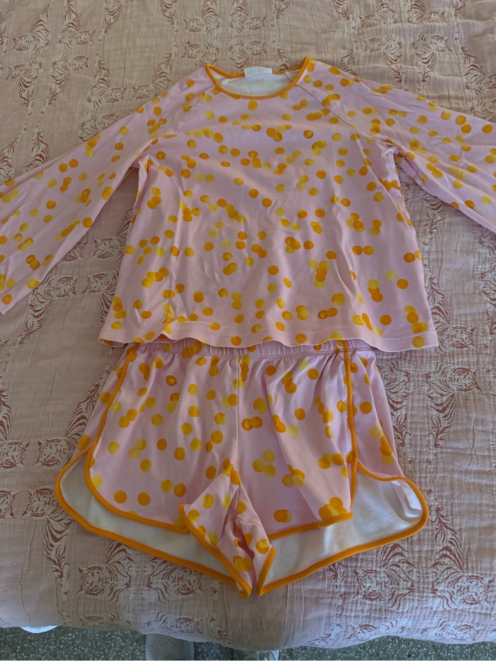 Pink and Yellow Dot Pajama Set - Long Sleeve Top & Shorts